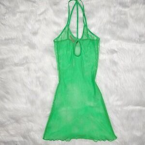 Neon Green Fishnet Mini Dress‎ Halter Neck Cutout Bodycon Party